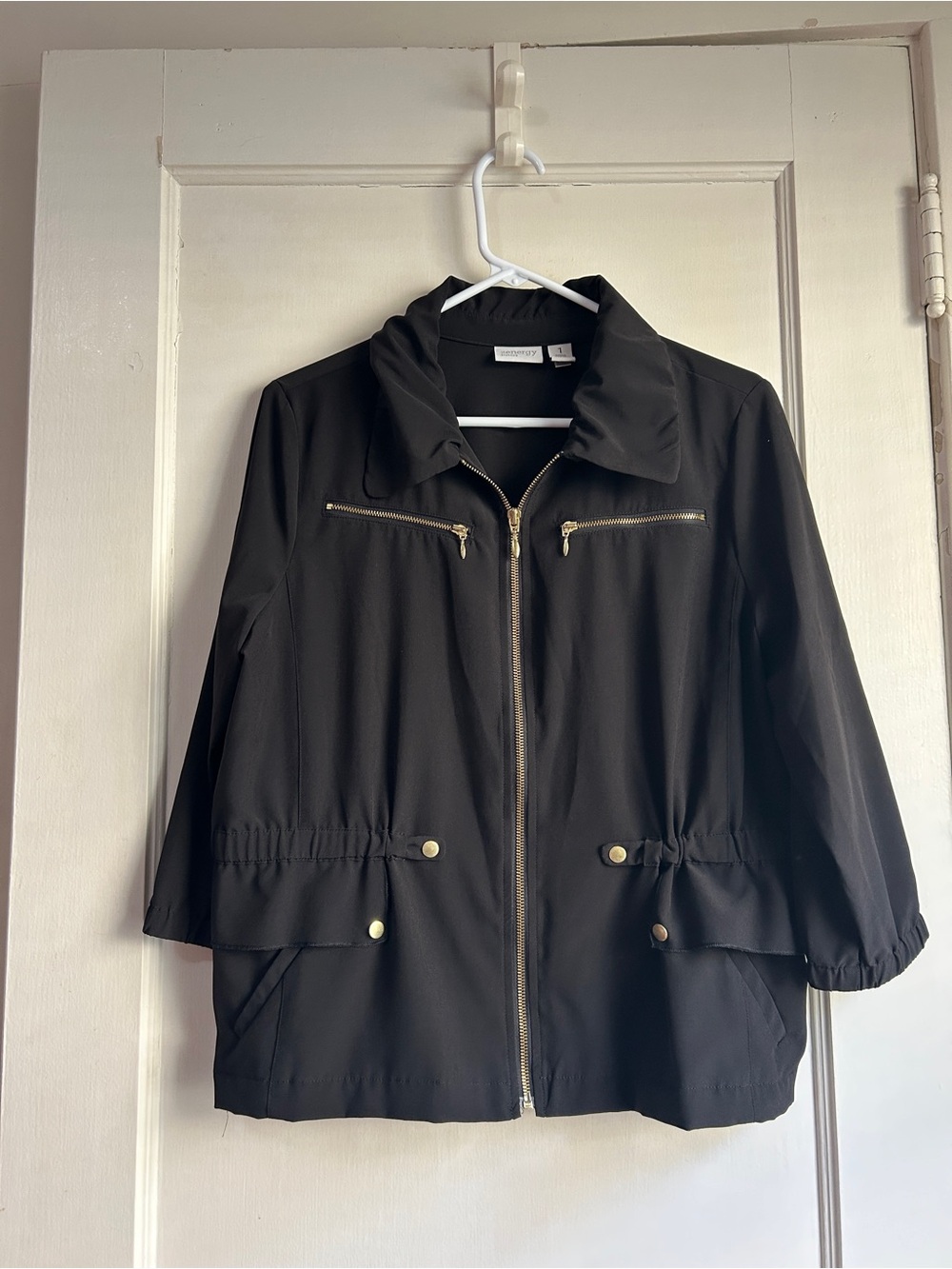 Chico's Black Utility Jacket with Gold-Tone Zippers - Size Medium